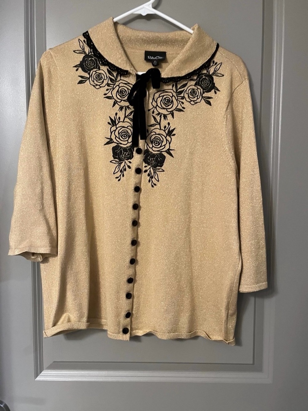 torrid Shimmer Cream Cardigan with Black Floral Trim